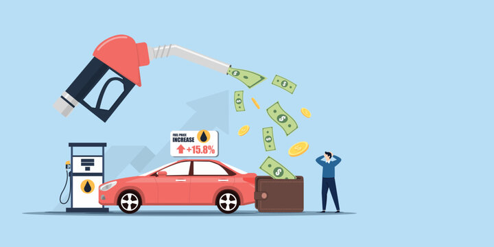 A red car at a gas station with a large fuel nozzle pouring money into the tank, showing a 15.8% price hike and a worried man with an empty wallet.