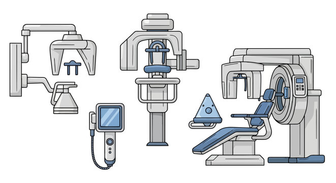 Vector Illustration Set of Professional Dental Equipment Including Panoramic X-ray Machine, Intraoral Scanner, and Advanced Dental Imaging Chair for Modern Stomatology Clinics