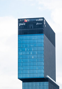 Katowice, Silesian, Poland - Contemporary glass and steel office building of PWC, Panattoni and other service companies