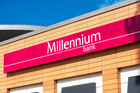 Katowice, Silesian, Poland - Sign of the Millenium bank agency
