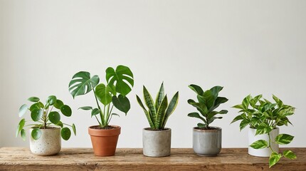 Fototapeta premium Several potted plants sit arranged on a wooden table indoors.