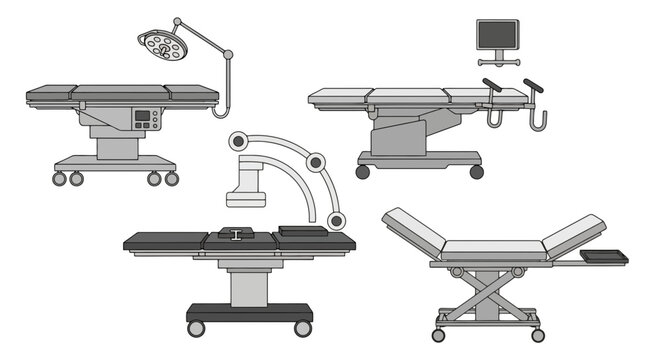 Set of medical operating room equipment illustrations including surgical tables, examination beds, scialytic lamp, and monitor icons