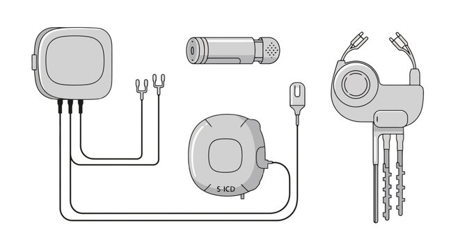 Vector Illustration Set of Cardiac Implantable Electronic Devices Including Traditional Pacemaker, Leadless Pacemaker, and S-ICD System