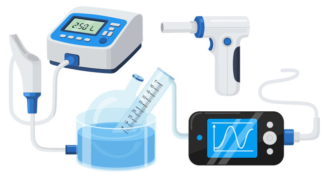 Vector illustration of medical respiratory equipment and laboratory diagnostic devices, including a digital ventilator, handheld spirometer, and lab testing setup with monitor.