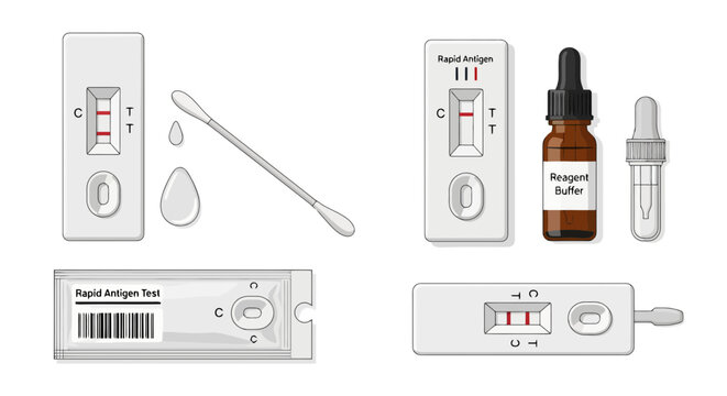Medical Rapid Antigen Test Kit Vector Set Featuring Test Cassettes, Nasal Swab, Reagent Buffer Bottle, and Sealed Packaging for Diagnostic Screening