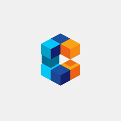 Obraz premium Abstract 3D geometric cube logo design with blue and orange blocks forming a letter C shape.