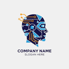 Fototapeta premium Abstract futuristic robot head logo with circuit board patterns and glowing blue eye.