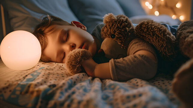 Peaceful child sleeping soundly with teddy bear. Ideal for parenting, health, and comfort advertising.