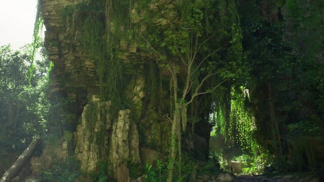 Dense emerald foliage surrounding natural arch, sunlight speckling leaf litter and quiet pool, creeping vines and soft humidity creating secluded nature shrine.