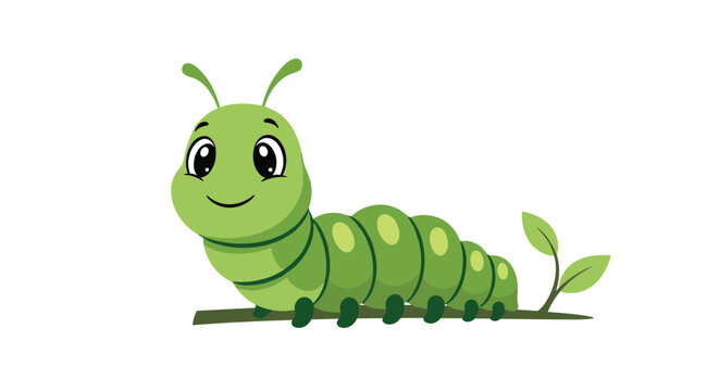 Cute and friendly green cartoon caterpillar with large expressive eyes crawling along a small branch with fresh leaves.