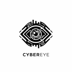 Fototapeta premium A stylized black and white logo featuring an eye with circuit board elements, labeled 'CYBEREYE'.