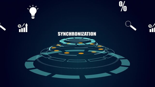 Synchronization of financial data through futuristic digital interface, HUD technology processing business growth with light bulb and percentage icons.