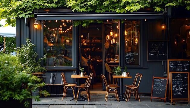 Cozy outdoor cafe with tables, chairs, and plants under a leafy green awning