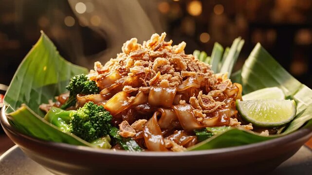 Delicious Steaming Pad See Ew Stir-Fried Wide Rice Noodles with Broccoli and Crispy Garlic Served on Banana Leaves for Thai Restaurant Menus and Food Blog Content.