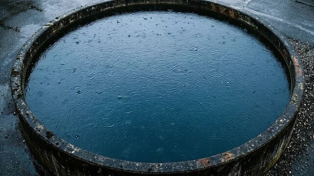 Rainwater harvesting circular concrete reservoir basin collects rain water with rippling surface, moody blue reflection and textured edge