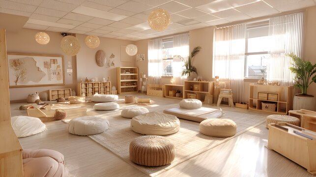 Calm sensory friendly classroom with soft lighting, flexible seating cushions and bean bags, neutral pastel walls, organized learning corners and tactile materials, peaceful educational environment,