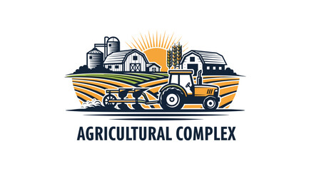 Fototapeta premium Professional logo for an agricultural complex featuring a yellow tractor in a field with a farm building and sun rising in the background.