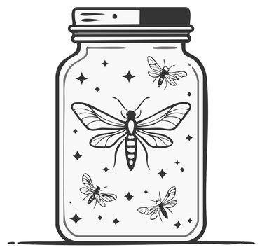 Fireflies in a Glass Jar Illustration: Hand-Drawn Insects with Stars, Summer Night Magic