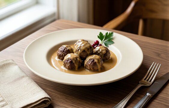 Plate of Swedish Meatballs covered in creamy sauce, garnished with parsley. Concept of meatballs with cream gravy in bright, sunny room with natural light, wooden table.
