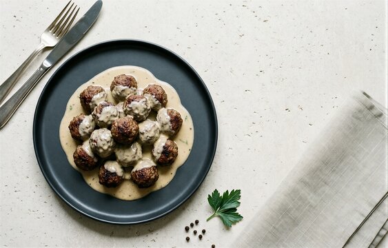 Plate of Swedish Meatballs covered in creamy sauce, garnished with parsley. Concept of culinary delight featuring meatballs with cream gravy in top-down perspective.