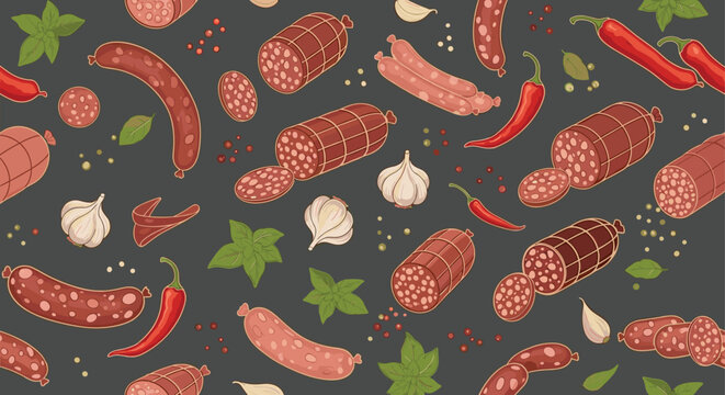 Rich and colorful seamless pattern featuring an assortment of whole and sliced sausages, red chili peppers, garlic, and green herbs.