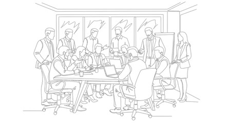 Obraz premium Line art drawing of a business meeting with multiple professionals collaborating in a modern conference room.