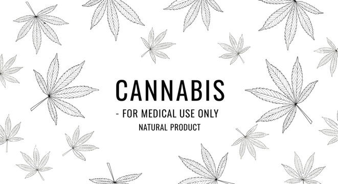 Professional background pattern featuring light gray cannabis leaf sketches on a white background with a central text area for medical use.