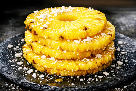 Caramelized Grilled Pineapple Rings with Honey and Coconut Garnish.