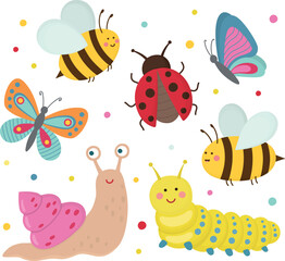 Fototapeta premium Set of funny colorful insects with snail, bees, ladybug, butterflies and caterpillar. Decorative characters collection in childish style
