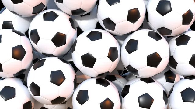 3d animation of football or soccer balls falling and covering the screen on transparent background, perfect for smooth transition between scenes. Video with alpha channel