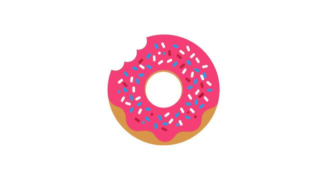 A colorful and delicious cartoon donut with a bite taken out on a white background