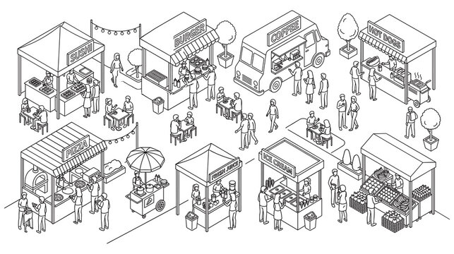 Isometric outdoor food market with stalls selling diverse cuisine.