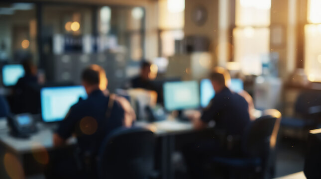 Blurred background. Police officers work at computers with glowing monitors in a sunlit precinct office