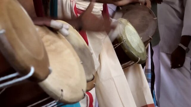The lined up Thimila (a traditional percussion drum) artists' performance in a temple festival in Kerala, India