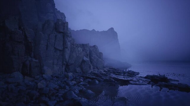 Nighttime cliffline reflection, jagged rocks and calm tidal mirror create deep blue composition, mistsoftened distance suggests solitude and quiet observation