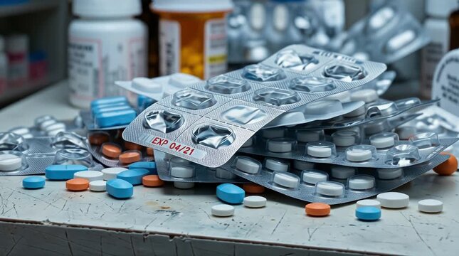 Un montón de envases  de pl&aacute;sticos (bl&iacute;steres)de medicamentos vencidos y pastillas sueltas 