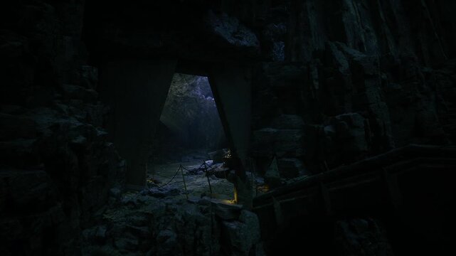 Hidden waterfall chamber under arch, dripping rock face forms small pool, luminescent moss blankets ledges, lanterns on shelves create soft glow, pilgrim