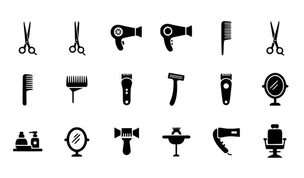 Hair salon silhouette icon set vector with barber and beauty tools isolated on white background