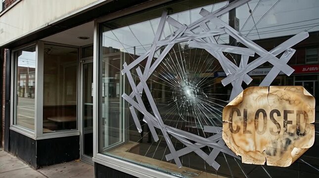 Ventanal de vidrio rota reparada temporalmente con tiras de cinta 