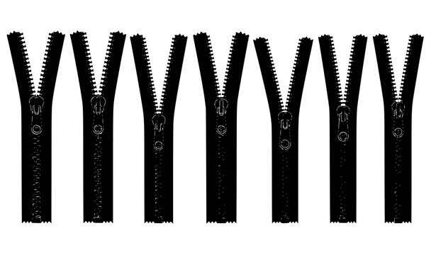 Zipper silhouettes vector set with open and closed zip fastener elements isolated on white background