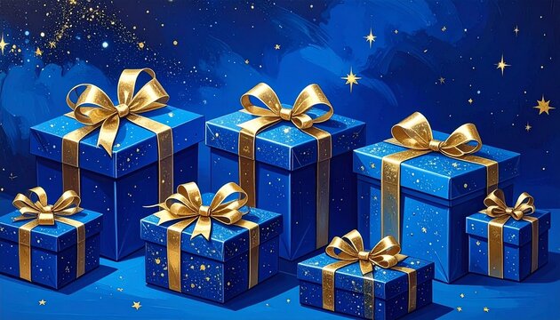 Stack of blue gift boxes wrapped with gold ribbons, festive sparkle and stars on dark background, night sky