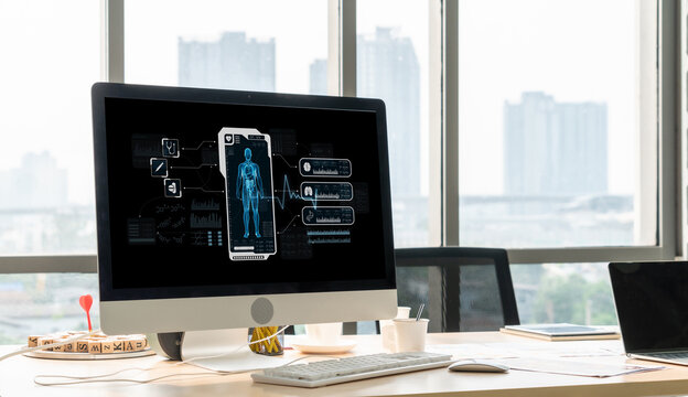 Medical science technology and futuristic healthcare virtual computer software analyze human health and diagnose disease for doctor data and medical research. brisk
