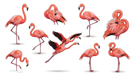 Fototapeta premium Flamingo illustrations, pink flamingos, bird set, wildlife icons