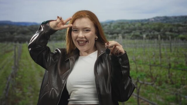Woman flashing peace sign with hand and open mouth while holding car key in a vineyard forest setting, wearing leather jacket and white top; playful travel.