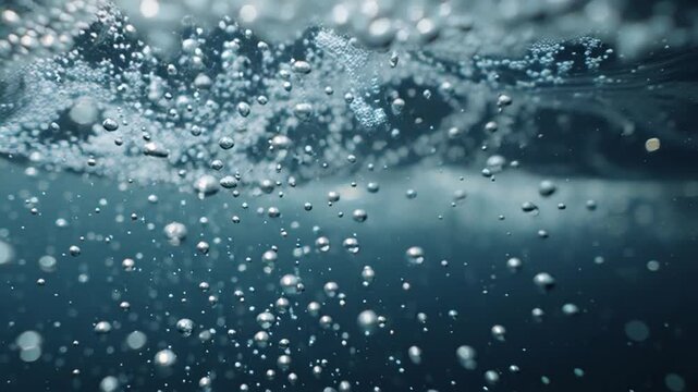 Underwater scene with air bubbles rising to the surface of water