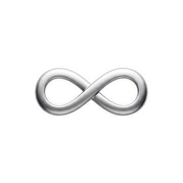 A shiny metallic silver infinity symbol, representing endlessness and eternity, isolated on a clean white background.