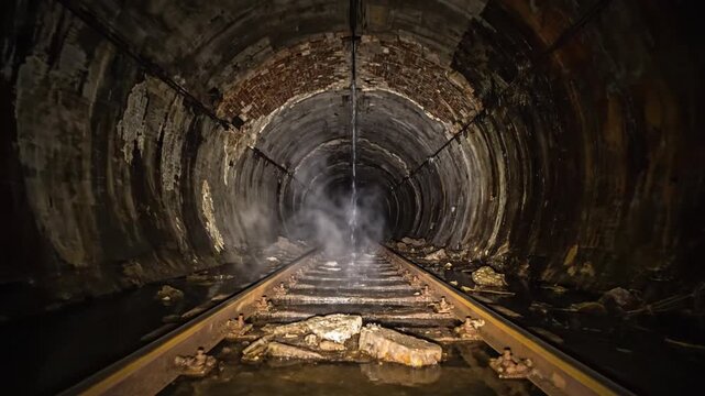 Dim circular tunnel with weathered walls, rusted rails, debris, and fog receding toward far light..