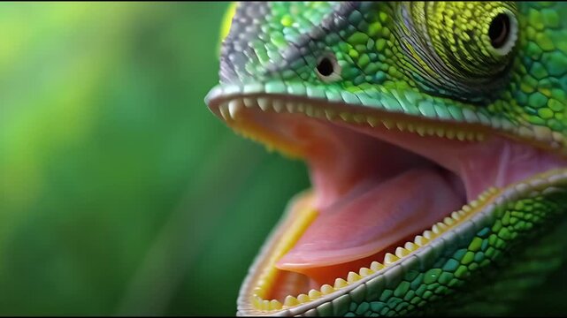 Close-up of a vibrant green and yellow chameleon with its mouth wide open, revealing intricate scales and the dynamic essence of this captivating reptile in its natural setting