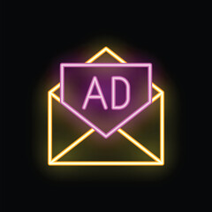 Fototapeta premium Neon icon of an envelope containing an advertisement message, glowing on a dark background