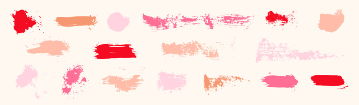 Lipstick vector makeup smudge strokes. Nude and pink paint texture set. Female fashion brushstroke scribbles. Messy dirty swatch stains, girl lipstick squiggle marks. Lady make-up swatch collection